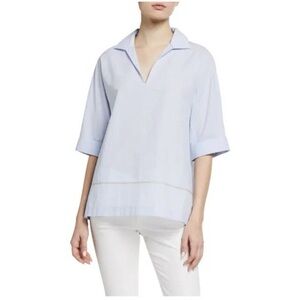 Lafayette 148 Nicole Linea Shirting Blouse – Sky Blue, Short Sleeve Top, Sz M
